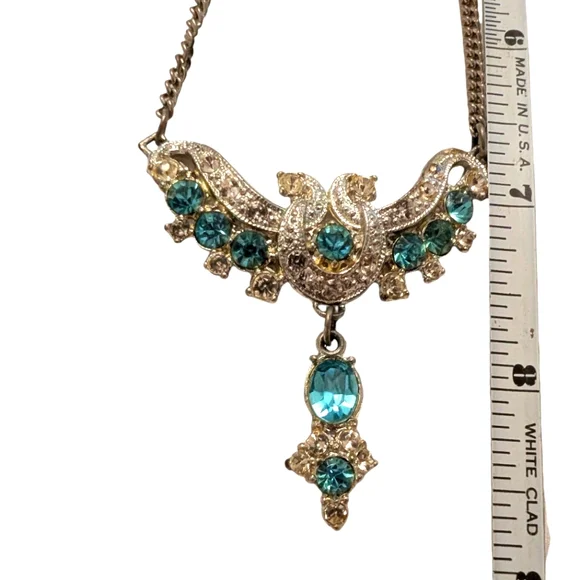 VINTAGE 1940 Silver Necklace Blue Clear Rhinestones Choker - Picture 6 of 12